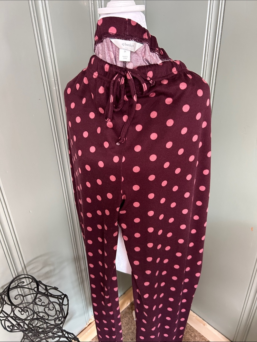 CJ Banks Burgundy Lounge Pants with Pink Polka Dots